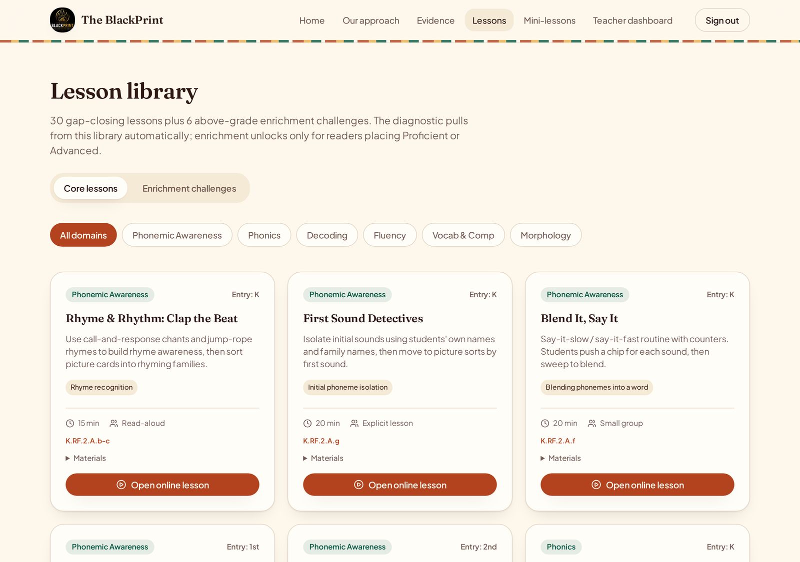 Lesson library grouped by reading domain