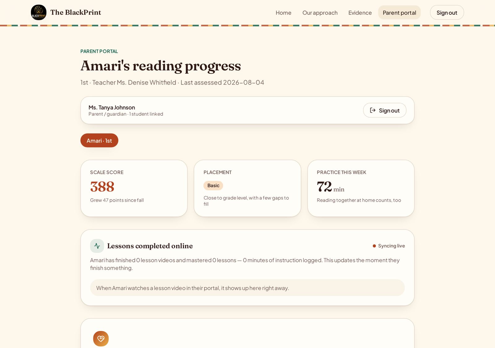 Parent portal showing a child's reading summary