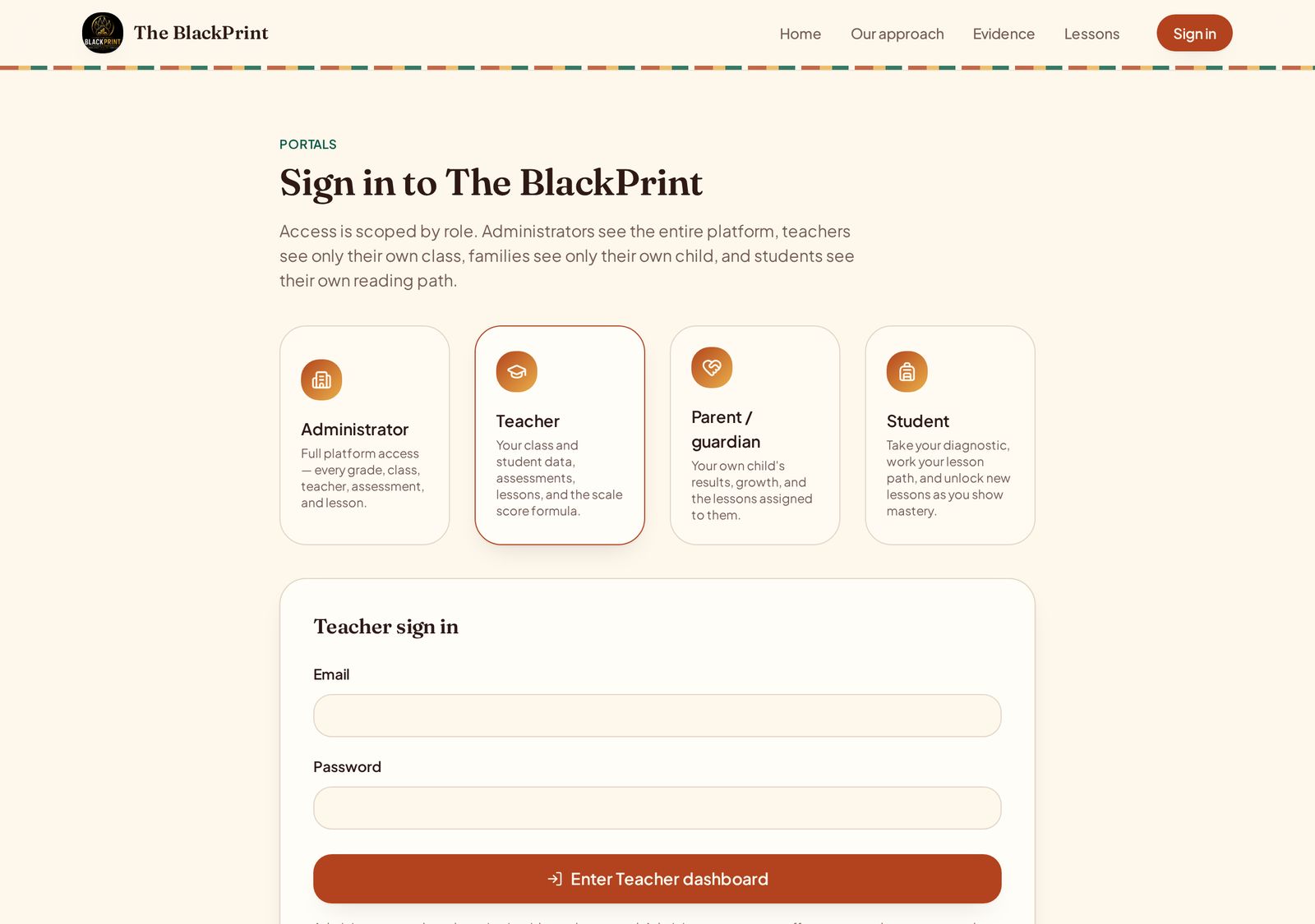 The BlackPrint sign-in screen with tabs for administrator, teacher, parent, and student