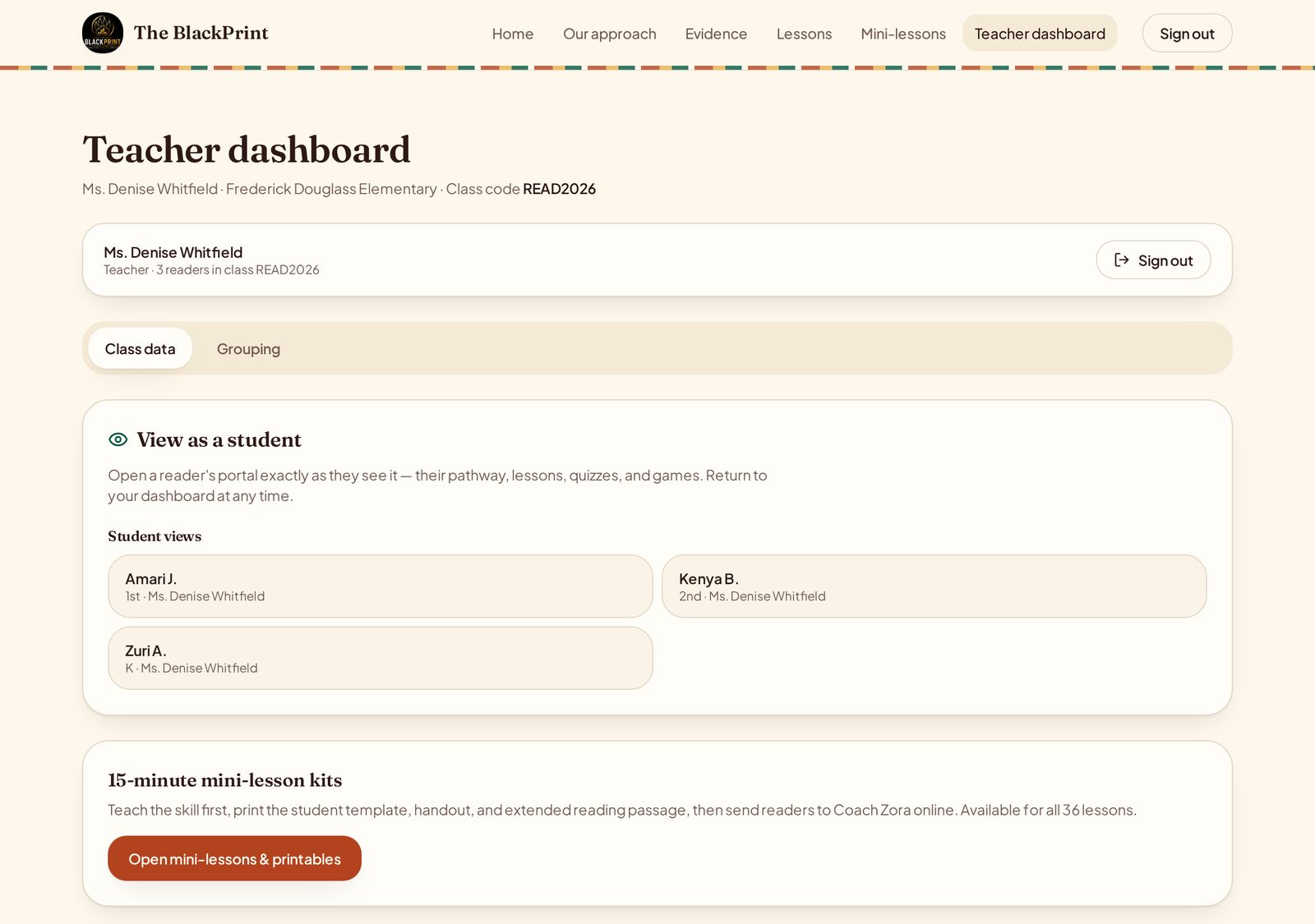 Teacher dashboard with class data and grouping tabs